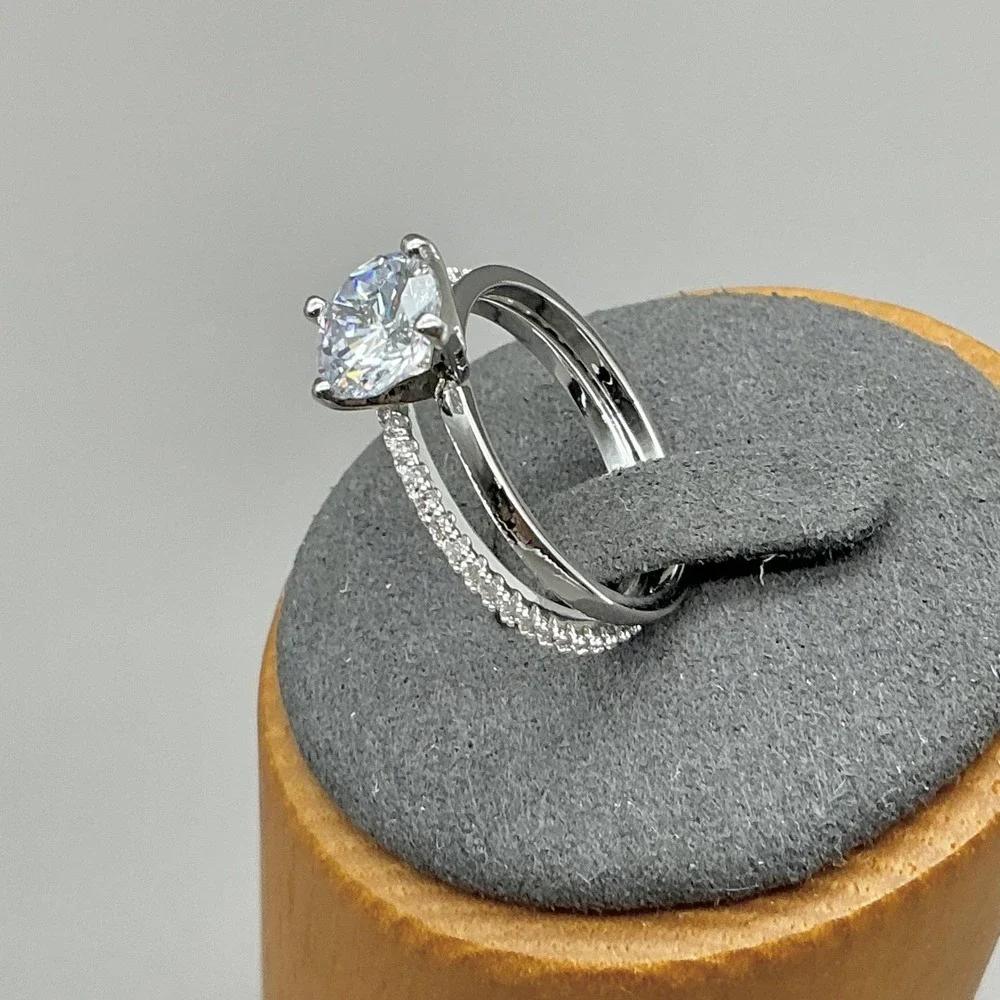 Ring Size 6.25 Silver Tone Clear Round Solitaire 2 Band Bridal Cocktail Womens